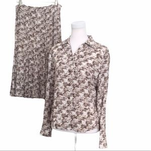 Vintage 80s Kasper Brown Cream Print 2-Piece Blouse Skirt Matching Set Classic